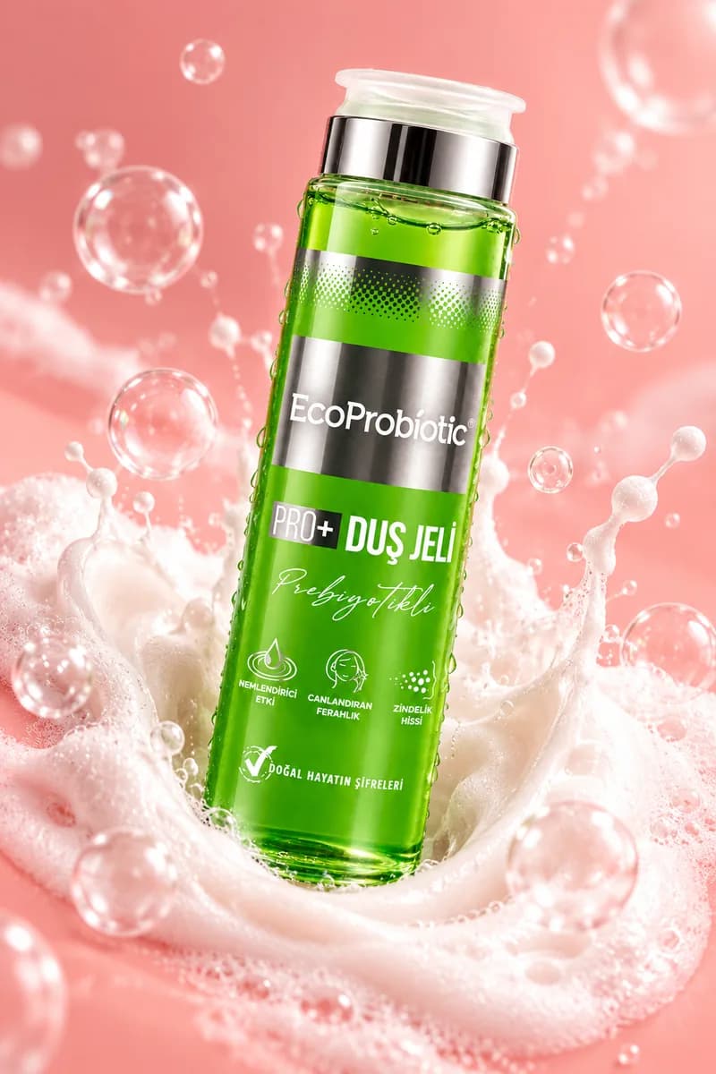EcoProbiotic Prebiyotikli Duş Jeli, köpük ve su kabarcıkları arasında
