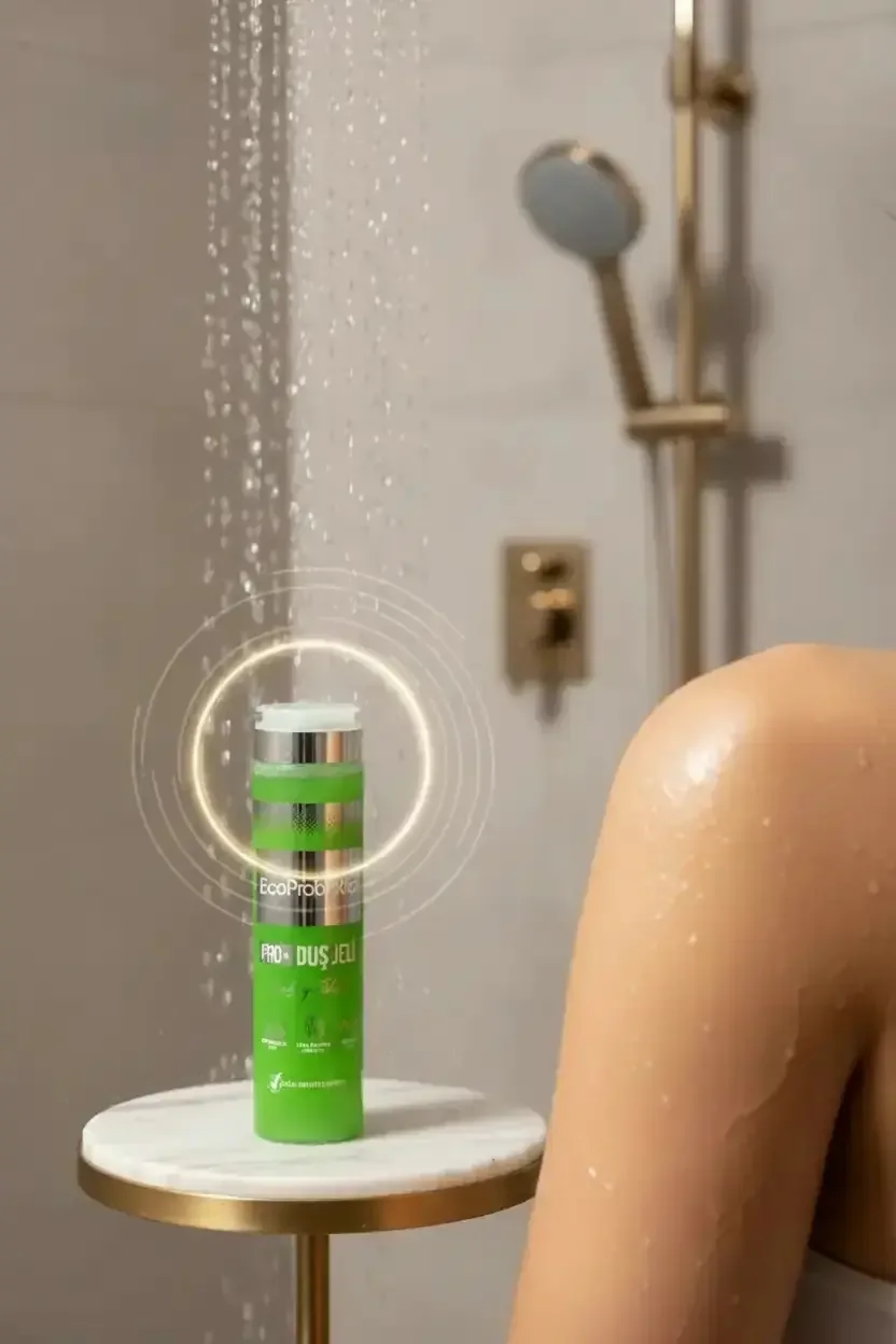 زجاجة جل استحمام خضراء على حامل تحت دشّ جارٍ